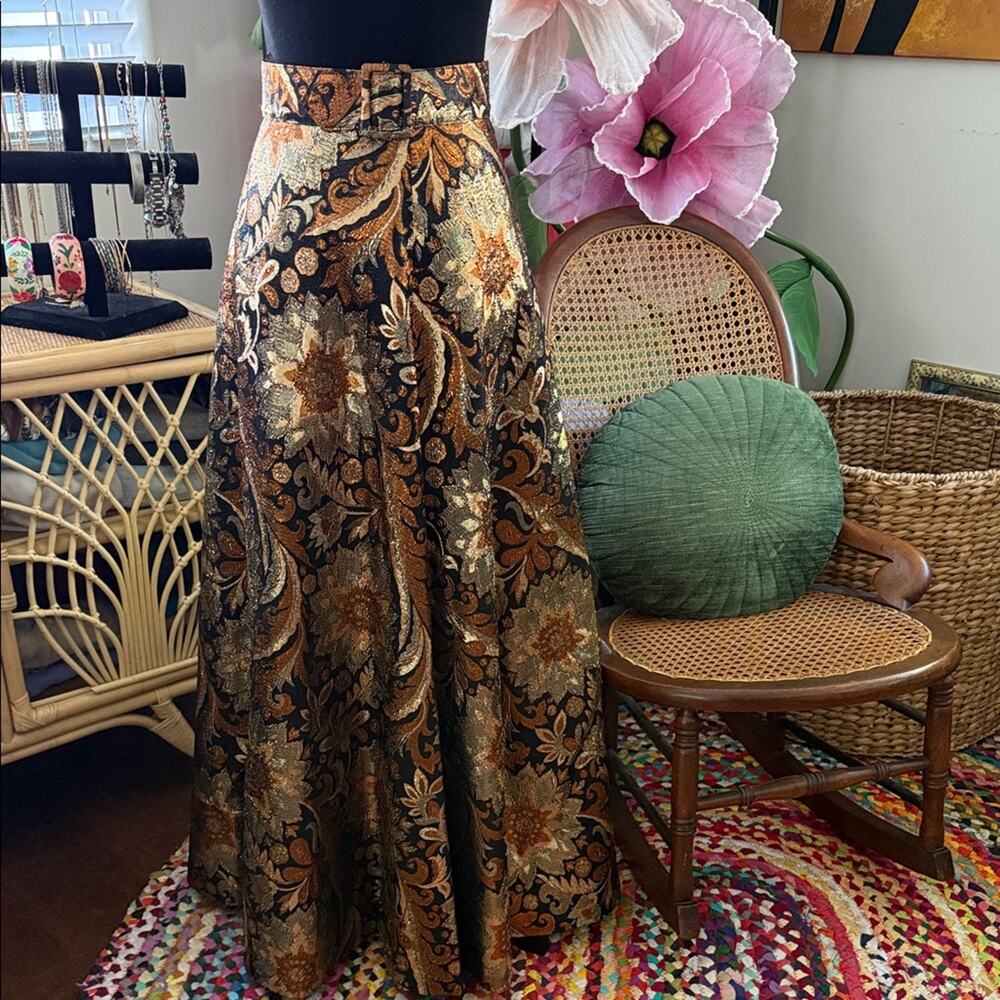 Vintage 60s Eddy George Brocade Floral Paisley Art Deco Boho Belted Maxi Skirt
